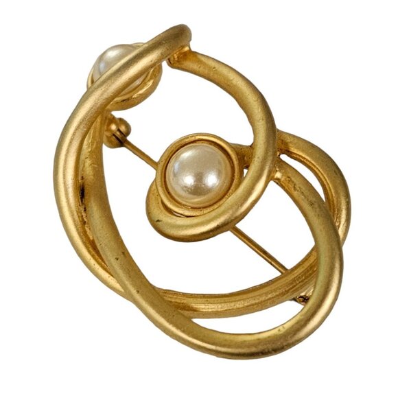 Matte Gold Tone Faux Pearl Modernist Open Brooch Pin L143 - Picture 2 of 8